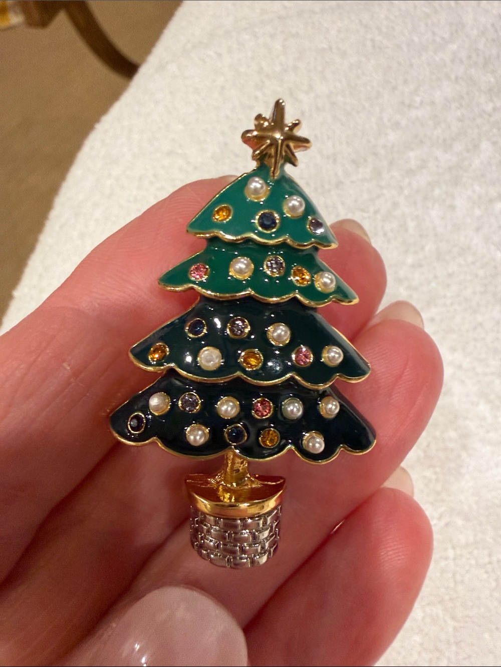 Gold-Tone Green Enamel Christmas Tree Brooch with Pearl and Crystal Accents